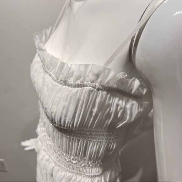 Commense Layered Ruffle Eyelet Long Dress Ruched Smocked Detail Slit Back - Picture 6 of 16